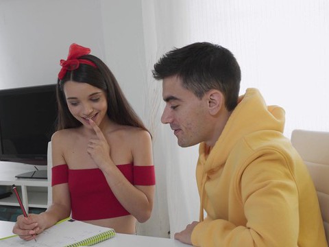Free-FreePorn.com presents: Cute brunette ohana petite spreads legs to ride a hard dick