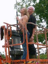 Free-FreePorn.com presents: Dirty old senior bangs a teenage hottie in his boom lift