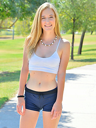 Free-FreePorn.com presents: Sporty blonde babe Dakota strips her clothes and flaunts her hot body outdoors
