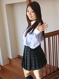 Free-FreePorn.com presents: Asian schoolgirl Tomoyo Hoshino strips to stockings and poses outdoors