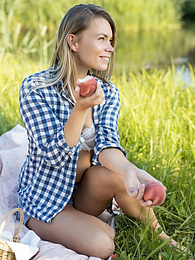 Free-FreePorn.com presents: Skinny blonde Paulina gets naked on a blanket in a field of wheat